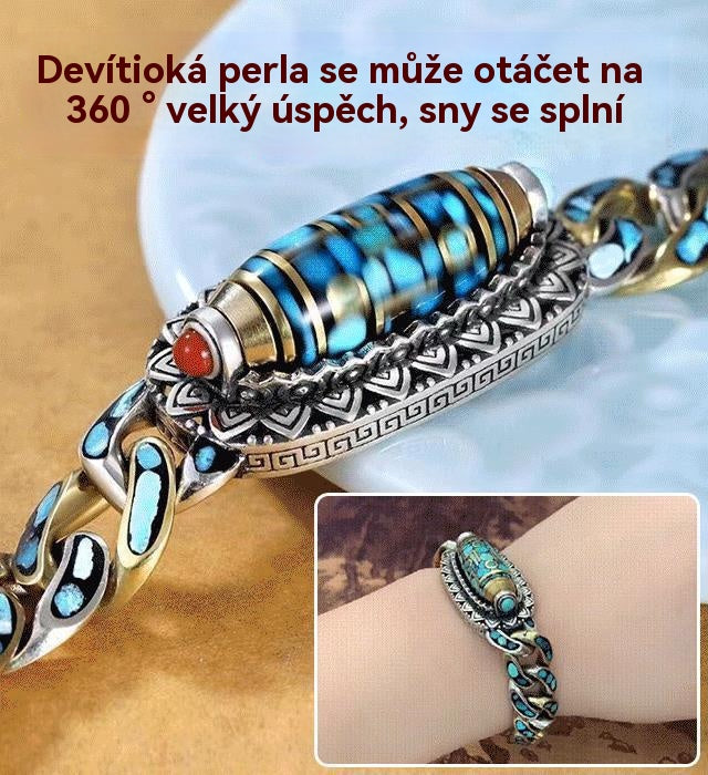 Stříbrný náramek 925 se šestimístným tyrkysovým motivem a mantrovými korálky