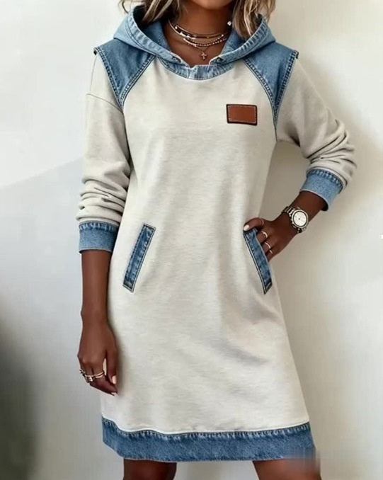 🔥🌷🌞Zimní novinka Módní džínové patchworkové šaty s kapucí