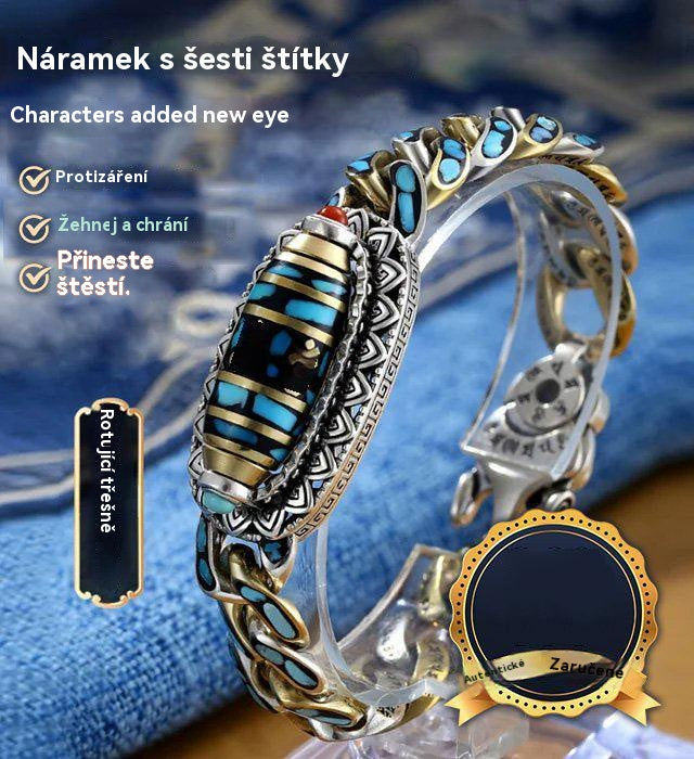 Stříbrný náramek 925 se šestimístným tyrkysovým motivem a mantrovými korálky